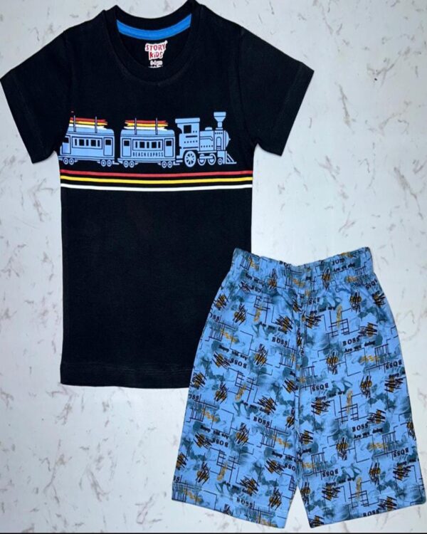 Beach Express Black Train Tee & Sky Blue Boss Shorts