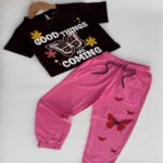 Berry Bliss Butterfly Dark Coffee Brown Crop Top & Pink Joggers Set