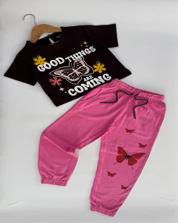 Berry Bliss Butterfly Dark Coffee Brown Crop Top & Pink Joggers Set