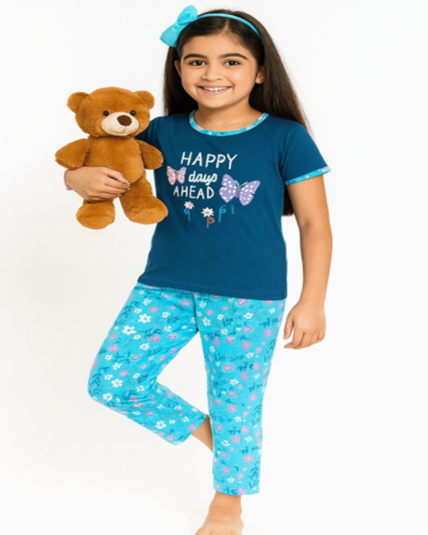 Butterfly Bloom Persian Green Piped T-Shirt & Tiffany Blue Floral Print Pyjama Set