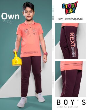 Coral Wave Peachy Collar T-Shirt & Aubergine Athletic Full Pant Set