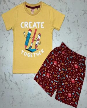 Creative Crew Yellow Artist Tee & Maroon Scribble Shorts