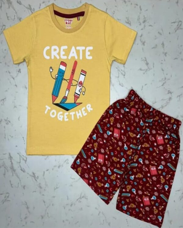 Creative Crew Yellow Artist Tee & Maroon Scribble Shorts