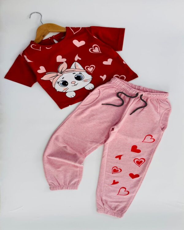 Cute Kitty Love Neon Red Heart Crop Top & Light Red Joggers Set