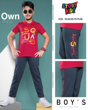 Gamer Squad Cherry Red Collar T-Shirt & Stealth Grey Awesome Full Pant Set