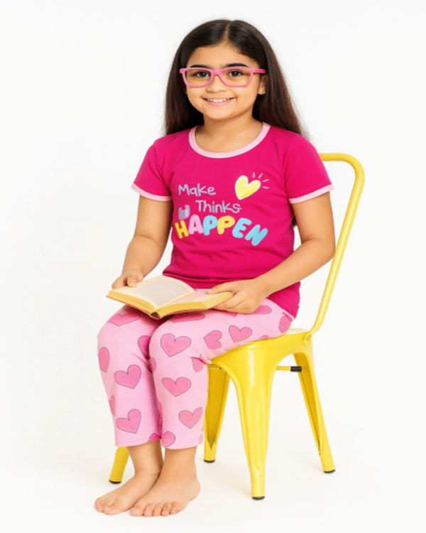 Happy Heartbeat Pink Piped T-Shirt & Pale Pink Heart Print Pyjama Set