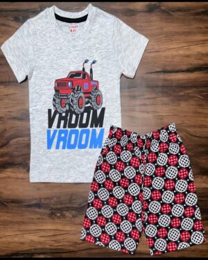 Monster Jam Vroom Grey Tee & Checkered Wheels Shorts