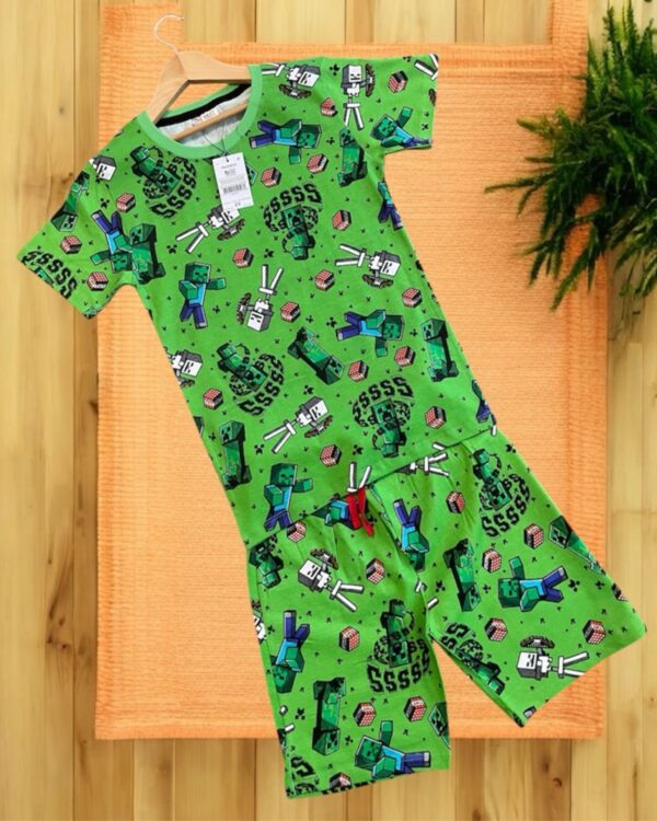 Pixel Creeper Mode Forest Green Adventure Boys Co-ord Shorts Set