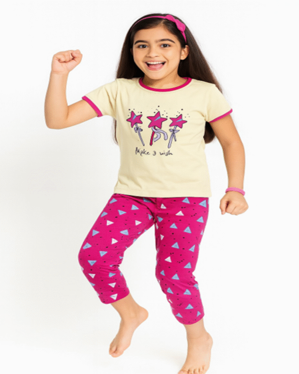 Star Wish Magic Half-White Piped T-Shirt & Pink Triangle Print Pyjama