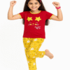 Sunny Star Cat Red Piped T-Shirt & Yellow Printed Pyjama Set