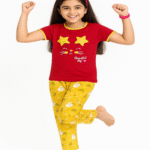 Sunny Star Cat Red Piped T-Shirt & Yellow Printed Pyjama Set