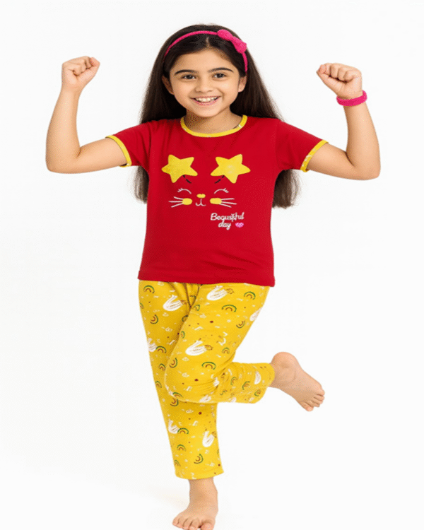 Sunny Star Cat Red Piped T-Shirt & Yellow Printed Pyjama Set