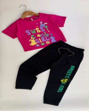 Sweet Bunny Pop Pink Crop Top & Black Joggers Set