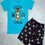 Tiger Patrol Aqua Blue Officer Tee & Navy Police Print Shorts