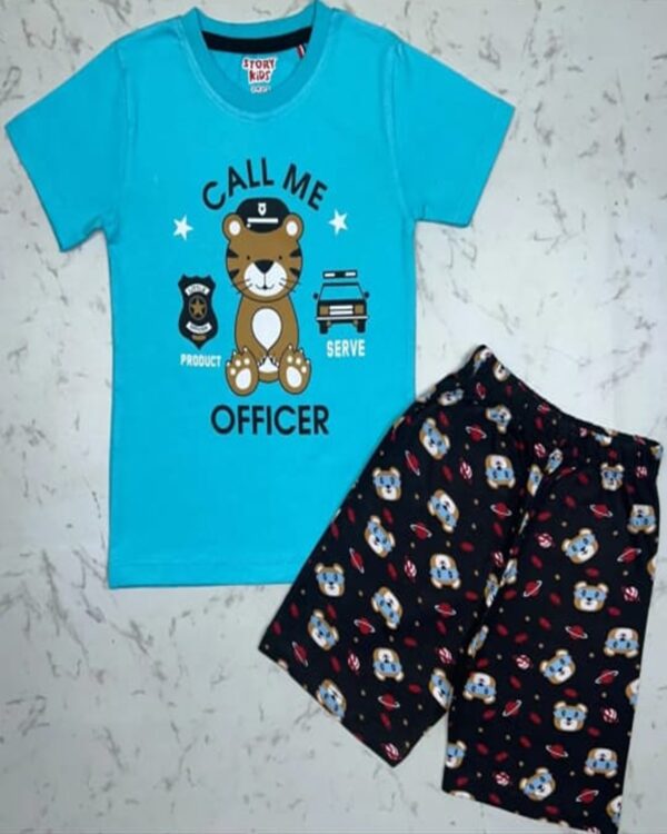 Tiger Patrol Aqua Blue Officer Tee & Navy Police Print Shorts