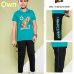 Urban Skate Vibes Teal Collar T-Shirt & Black Street Full Pant Set