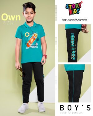Urban Skate Vibes Teal Collar T-Shirt & Black Street Full Pant Set
