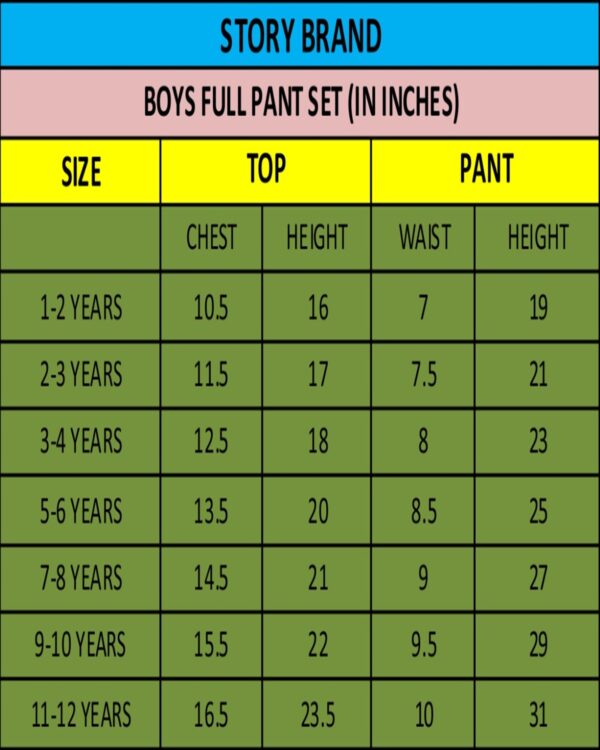 Story Kid Size Chart Boys Full Pant Set
